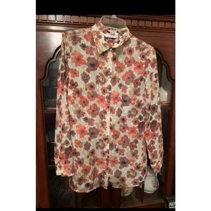 Lemon Way Floral Print Button Down Blouse Shirt Neutral Floral Size XS